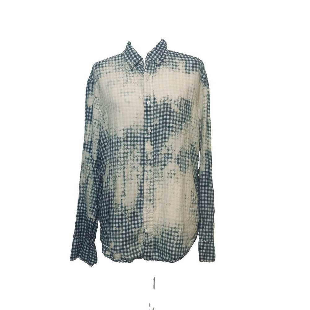 J.Crew Size L Gingham Linen Button Down Shirt Upcycled Distressed Bleached